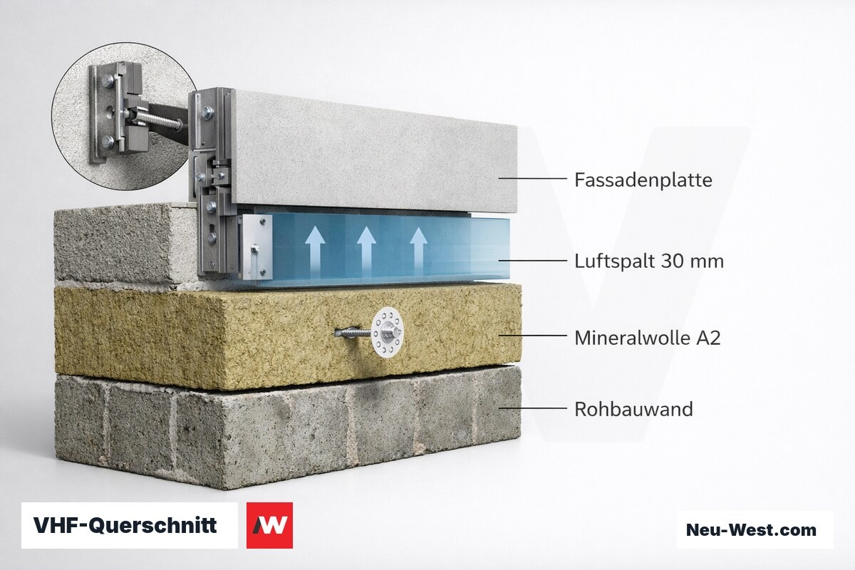 VHF-Querschnitt: Schichtaufbau und Hinterlüftung – Erklär-Grafik (NEUWEST Berlin)