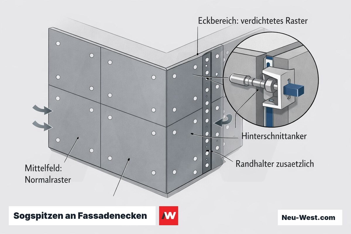 Erklär-Grafik einer VHF-Ecke: verdichtetes Befestigungsraster und Randhalter im Eckbereich gegen Windsog, mit Hinterschnittanker-Detail.