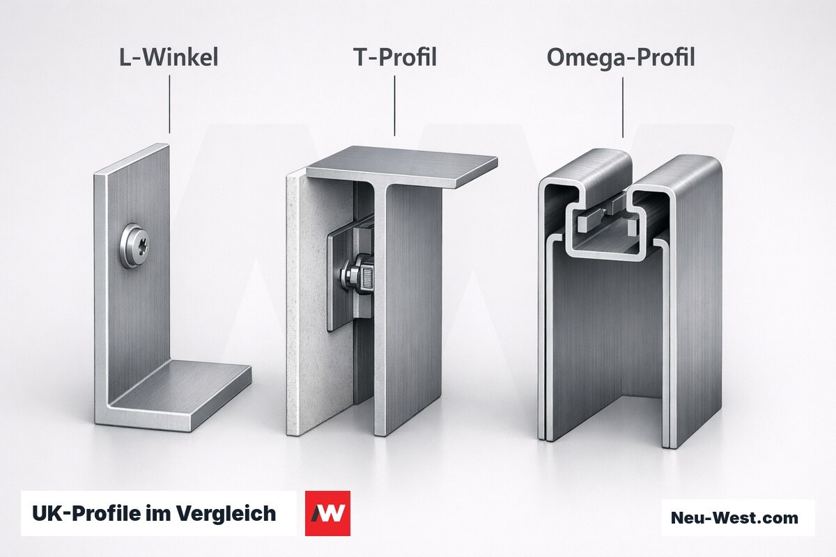 UK-Profile im Vergleich: L-Winkel, T-Profil, Omega-Klick – Erklär-Grafik (NEUWEST Berlin)