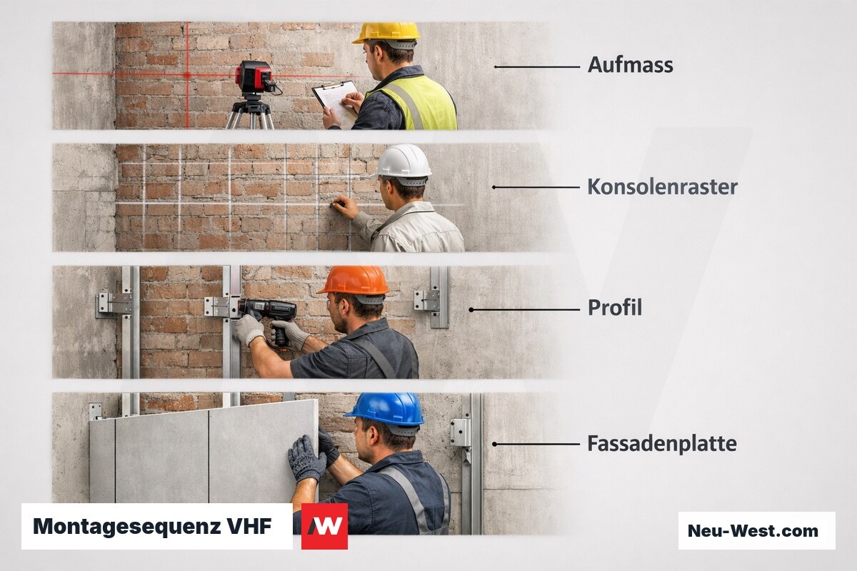 Montagesequenz VHF: Kernschritte von Aufmaß bis Abschluss – Erklär-Grafik (NEUWEST Berlin)