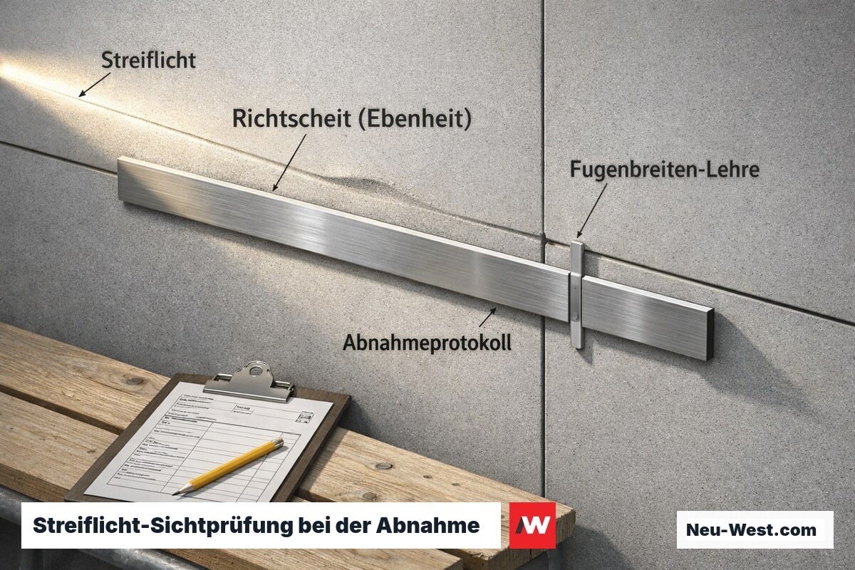 Erklär-Illustration: Abnahmeprüfung einer VHF-Fassade mit Streiflicht, Richtscheit zur Ebenheitsmessung, Fugenlehre und Abnahmeprotokoll.