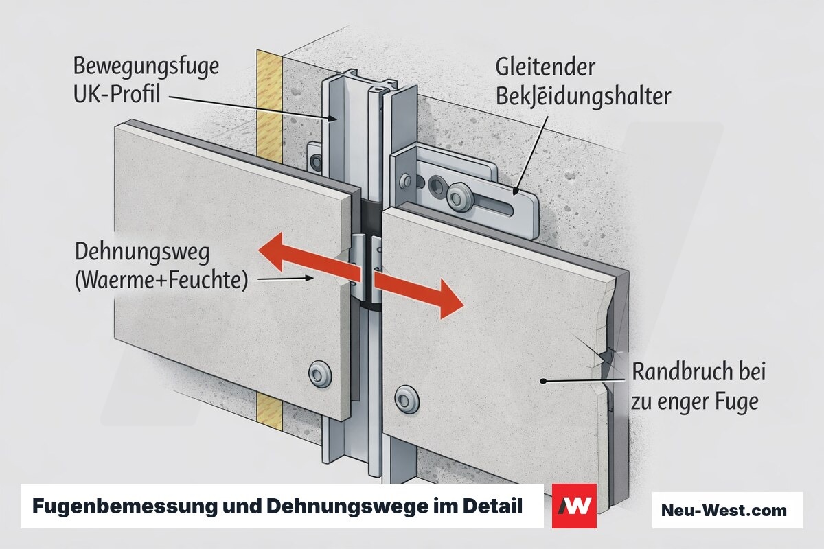 Querschnitt zweier Faserzementtafeln mit offener Fuge, gleitendem Halter, Bewegungsfuge im UK-Profil und Dehnungspfeilen sowie Randbruch.