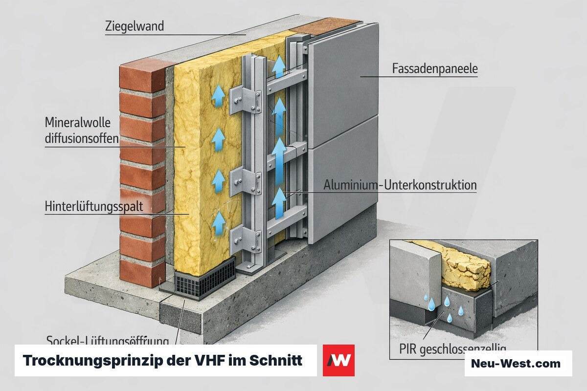 Schnitt durch VHF-Fassade: Mineralwolle, hinterlüfteter Luftspalt mit Luftstrom, PIR-Alternative und offener Sockelanschluss als Trocknungsprinzip.