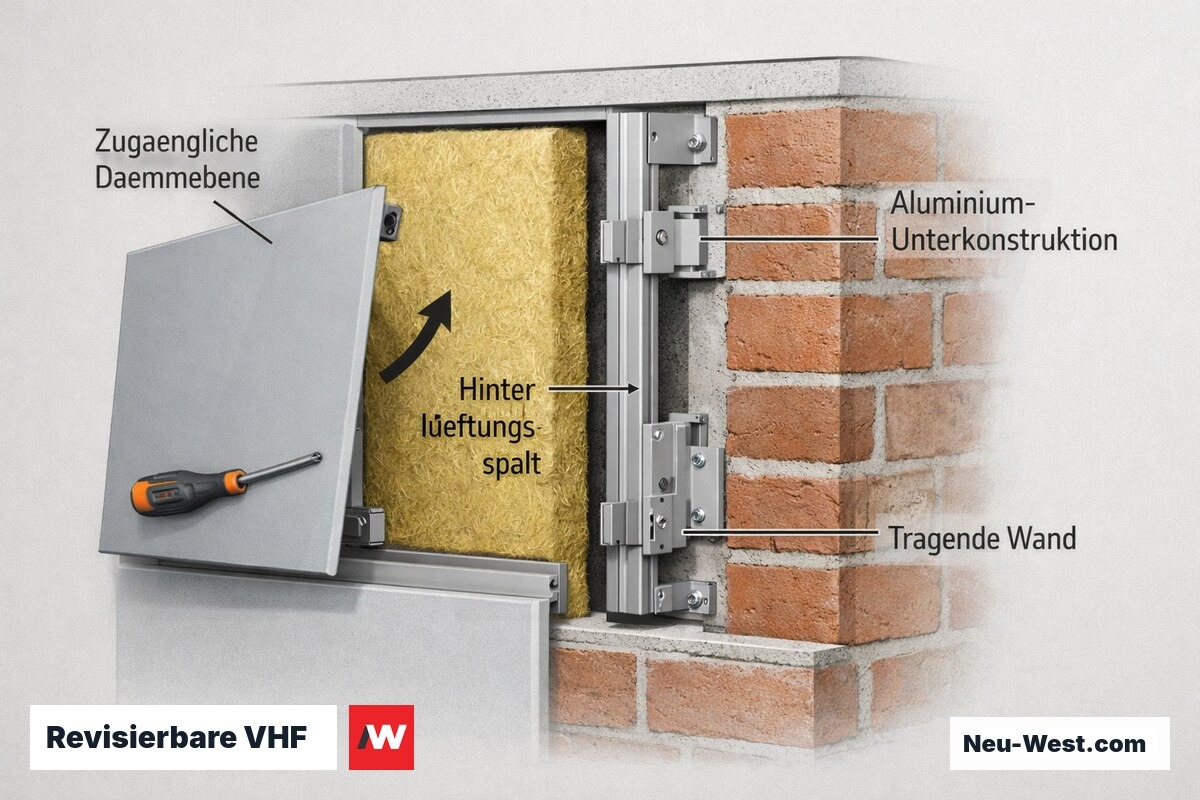 Cutaway einer VHF mit aufgeklapptem Fassadenpaneel: zugängliche Dämmebene, Hinterlüftungsspalt, Unterkonstruktion und Tragwand für Inspektion und Reparatur.