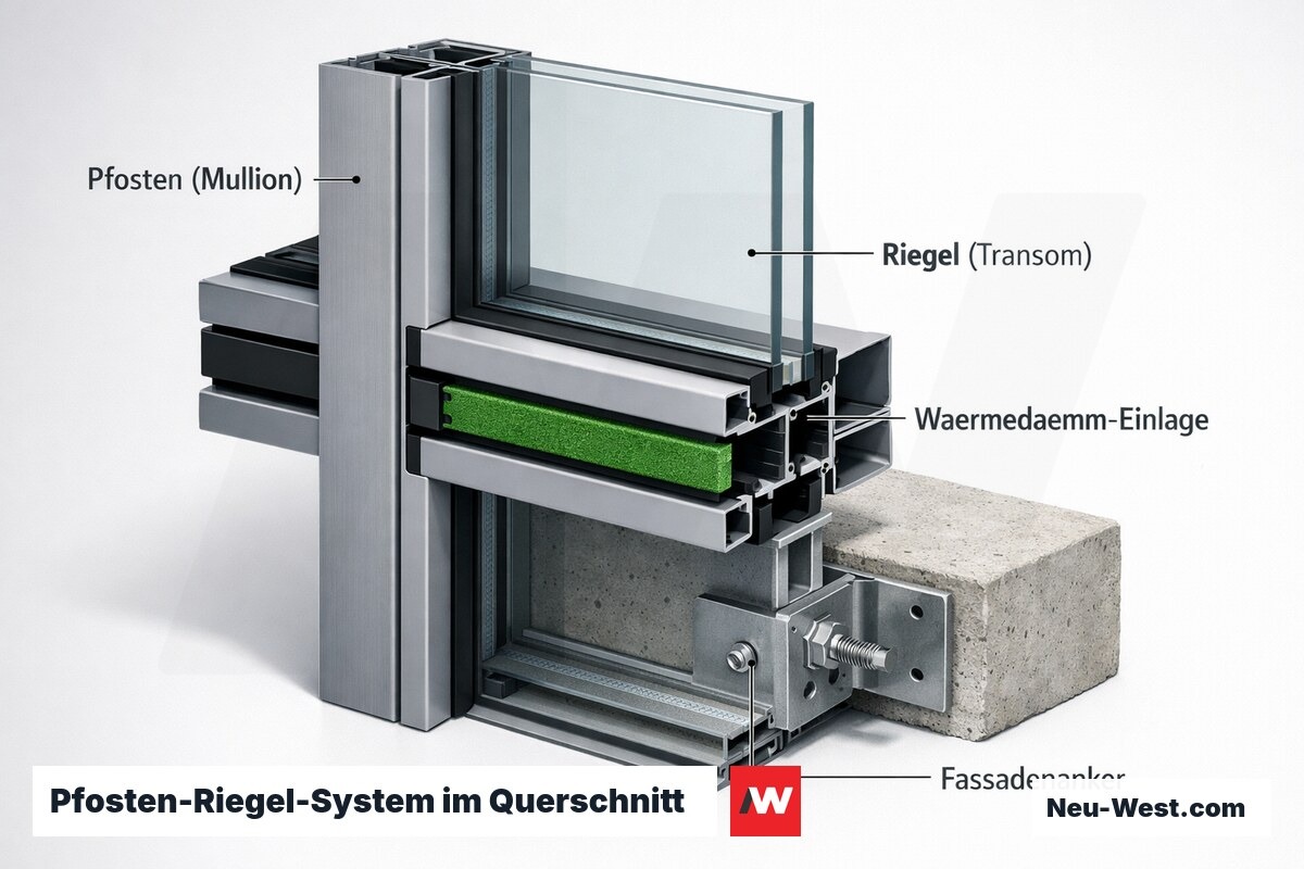 Querschnitt einer Aluminium-Pfosten-Riegel-Vorhangfassade mit Verglasung, Thermotrennung und Deckenanker an einem Hochhaus