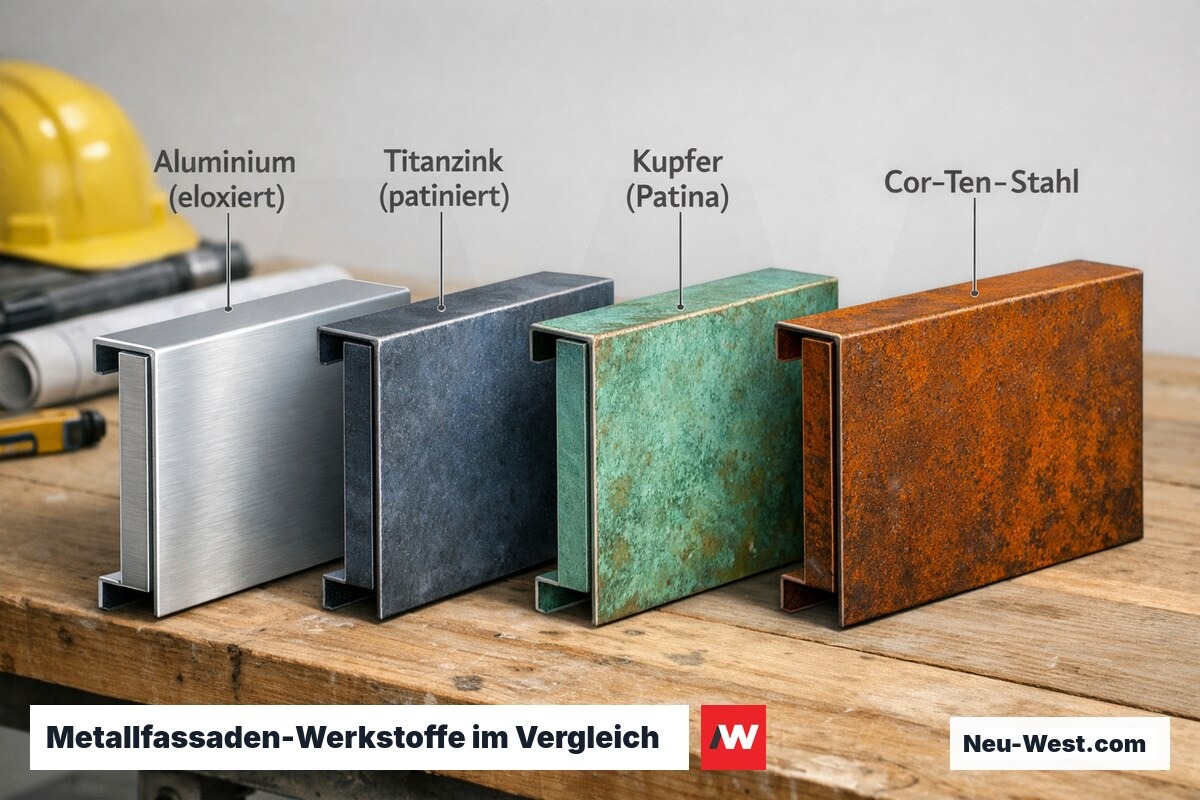 Vier Metallfassaden-Werkstoffe nebeneinander: Aluminium, Titanzink, Kupfer und Cor-Ten-Stahl mit typischen Oberflächenstrukturen