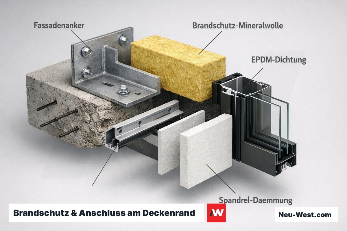 Isometrische Detailansicht des Vorhangfassaden-Anschlusses an die Geschossdecke mit Brandschutzabdichtung und Wärmedämmung
