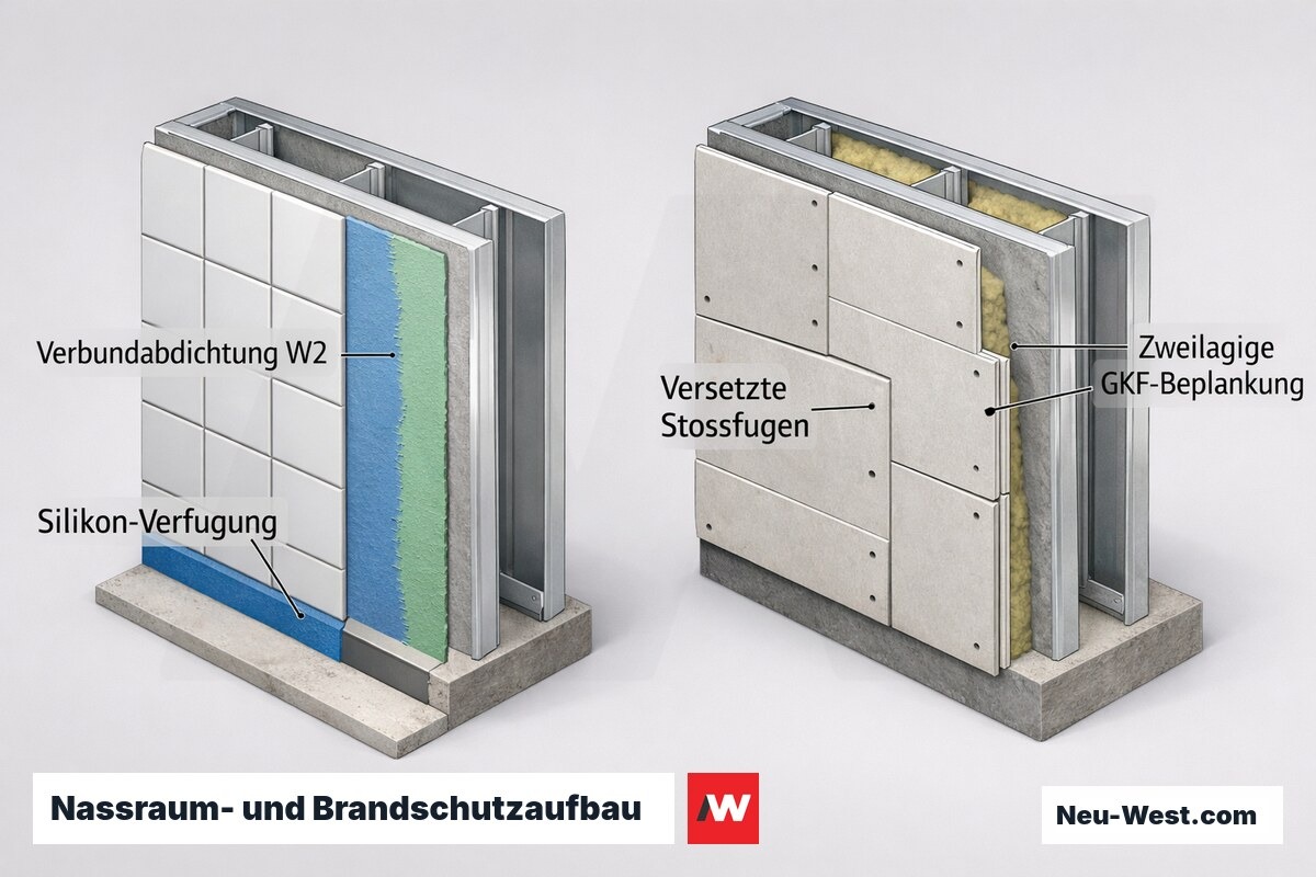 Querschnitt zweier Vorsatzschalen: Nassraumaufbau mit Verbundabdichtung und Fliesen sowie Brandschutzwand mit zweilagiger, versetzter GKF-Beplankung.