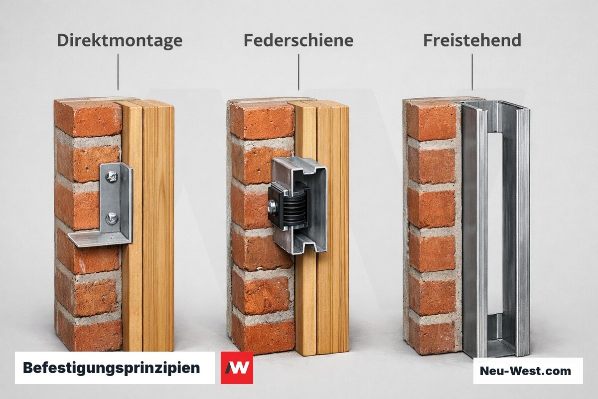 Befestigungsprinzipien und Schalldämmzugewinn im Vergleich – Erklär-Grafik (NEUWEST Berlin)
