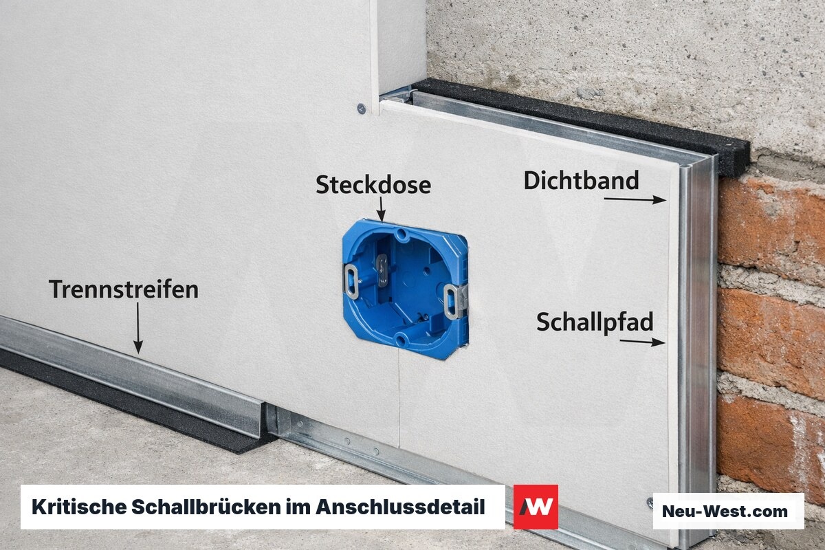 Kritische Schallbrücken im Anschlussdetail der Vorsatzschale – Erklär-Grafik (NEUWEST Berlin)