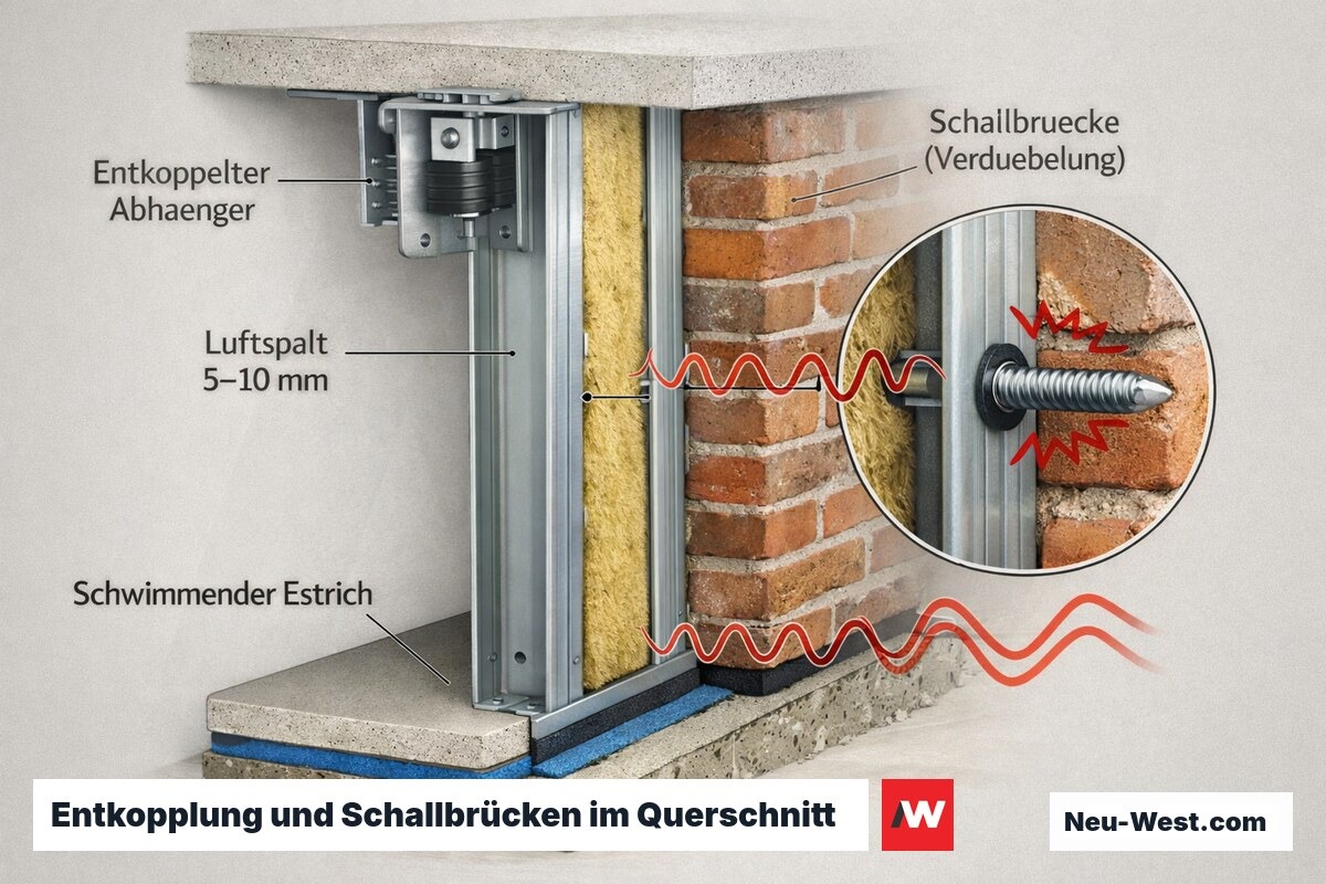 Querschnitt einer freistehenden Vorsatzschale mit Luftspalt, Schallbrücke durch Verdübelung, entkoppeltem Abhänger und schwimmendem Estrich.