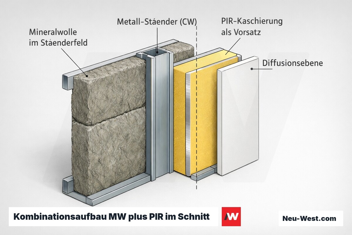 Wandquerschnitt: Mineralwolle im Ständerfeld, davor PIR-Vorsatzdämmung, Gipsplatte und Diffusionsebene zwischen beiden Dämmstoffen.
