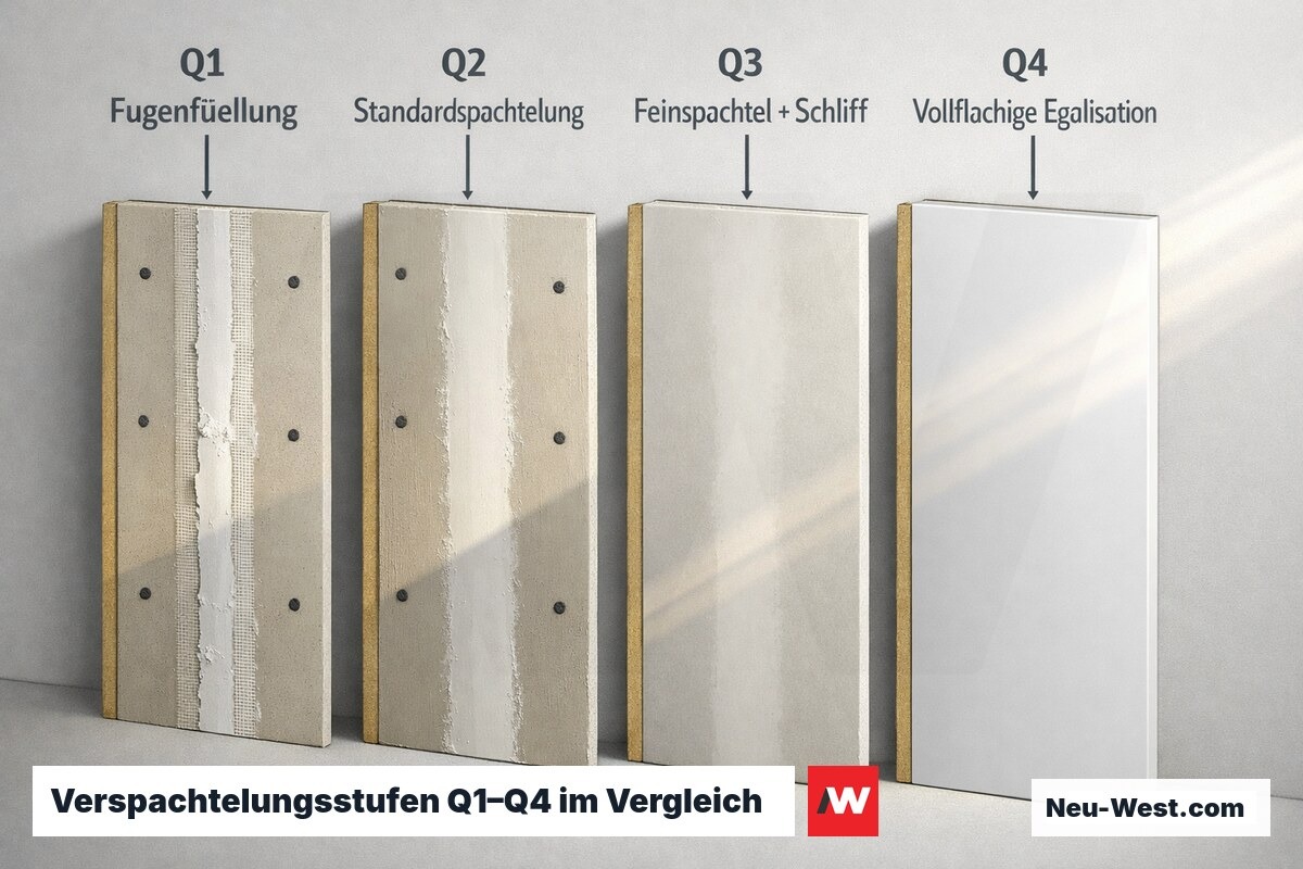 Vergleichsgrafik der vier Oberflächengüten Q1 bis Q4 an einer Gipskartonwand unter Streiflicht, von einfacher Fugenfüllung bis vollflächiger Egalisation für Hochglanz.