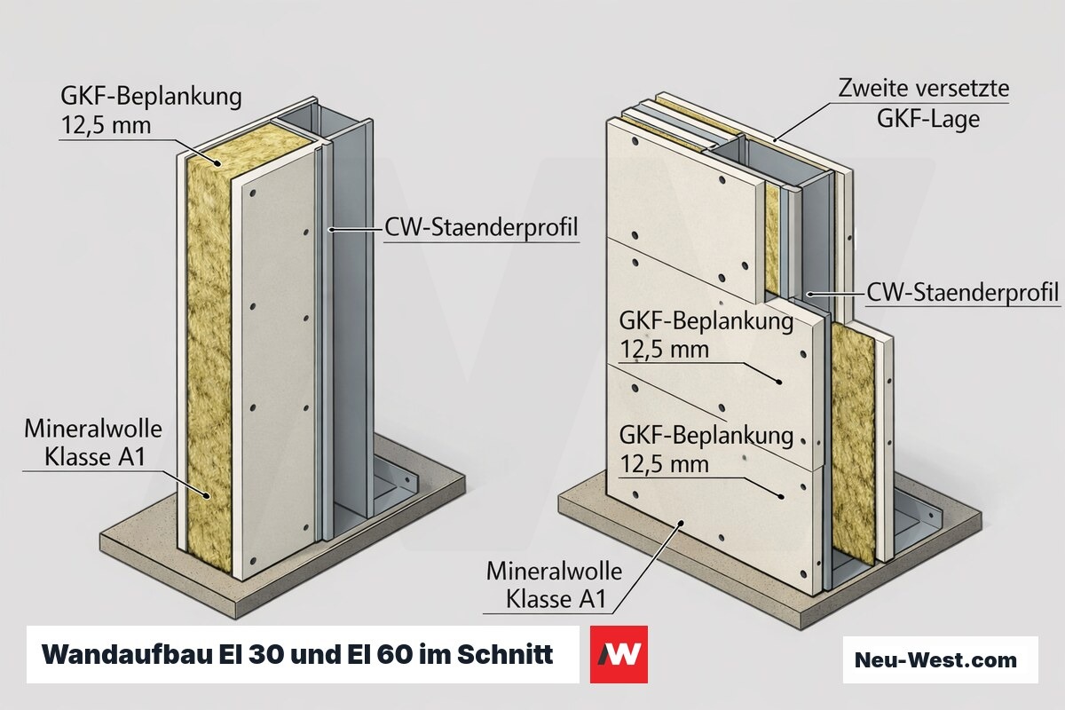 Cutaway-Querschnitt zweier Ständerwände: EI 30 einlagig, EI 60 zweilagig versetzt, mit CW-Profil und nicht brennbarer Mineralwolle A1.