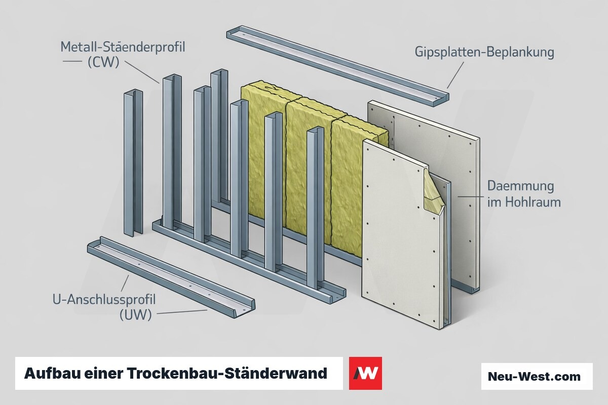 Querschnitt einer nicht tragenden Trockenbauwand mit Metallständerprofilen, U-Anschlussprofil, Dämmung im Hohlraum und beidseitiger Gipsplatten-Beplankung.