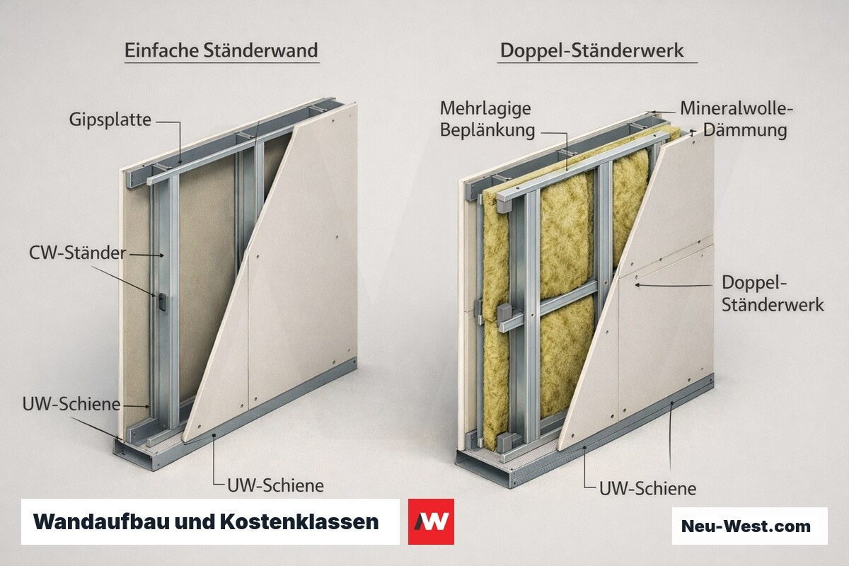 Querschnitt-Vergleich einer einfachen Ständerwand und einer schall- und brandschutzoptimierten Wand mit mehrlagiger Beplankung und Dämmung.