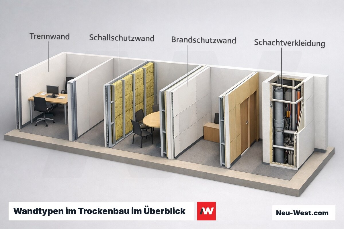 Isometrischer Grundriss mit vier Trockenbau-Wandtypen: einfache Trennwand, Schallschutzwand, Brandschutzwand und Schachtverkleidung nebeneinander.