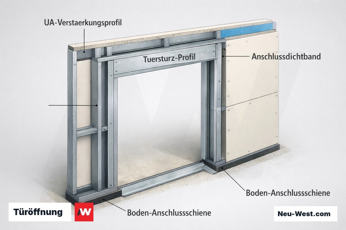 Detailschnitt einer Ständerwand an der Türöffnung mit Verstärkungsprofilen, Türsturz, Anschlussdichtband und Bodenschiene als preis- und qualitätsrelevante Bauteile.