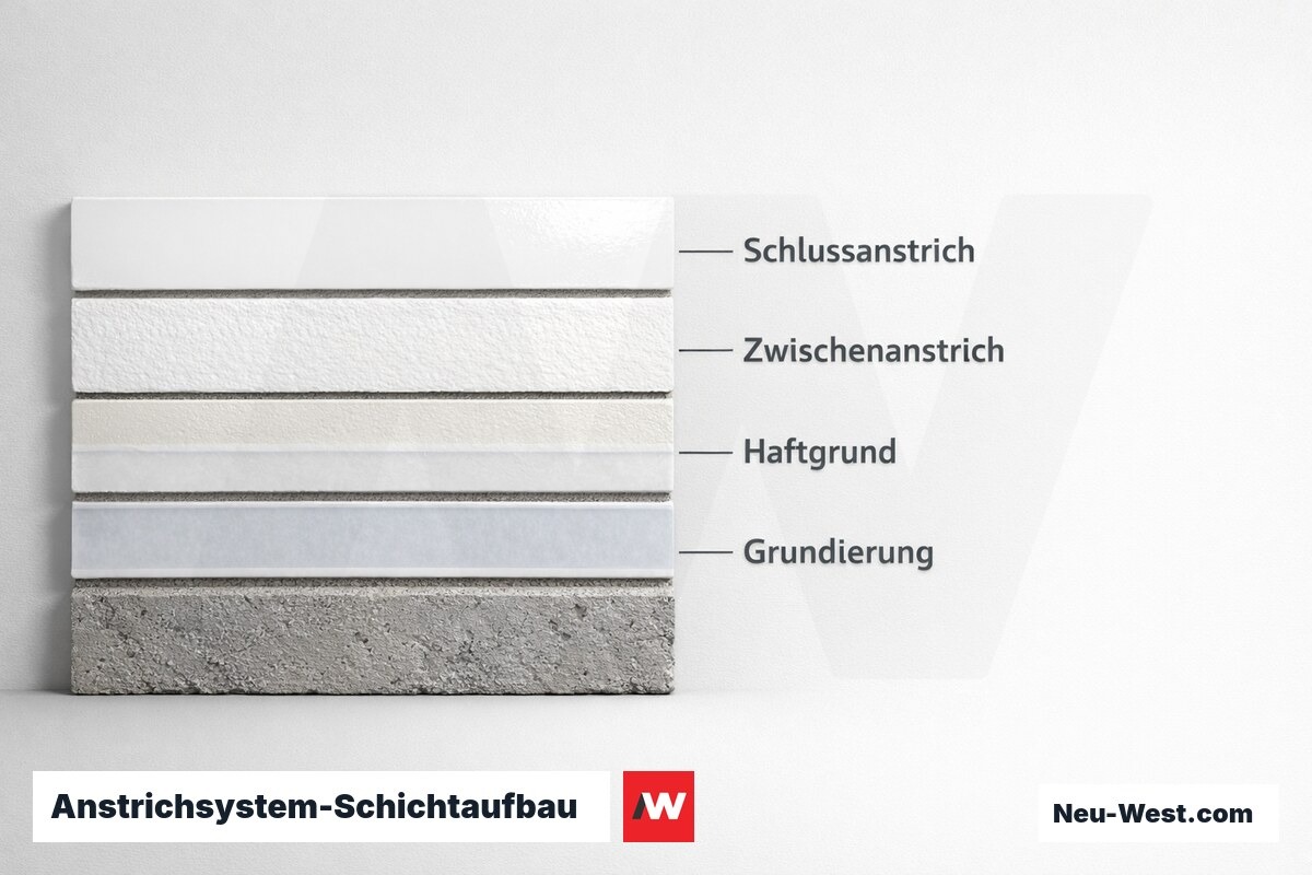 Anstrichsystem-Schichtaufbau: Grundierung bis Schlussanstrich – Erklär-Grafik (NEUWEST Berlin)