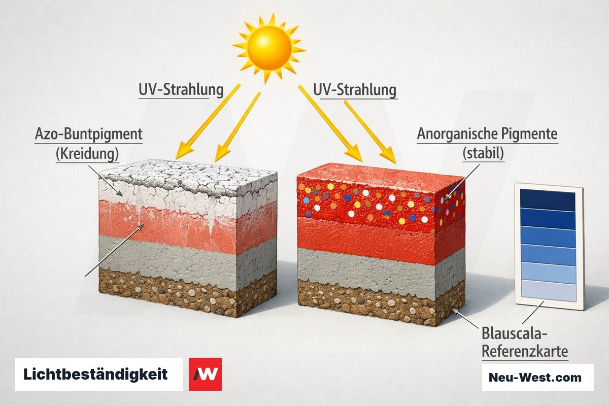 Querschnitt-Vergleich zweier Wandbeschichtungen unter UV: kreidendes Azo-Buntpigment links, stabiles anorganisches Pigment rechts, mit Blauscala-Referenzkarte.