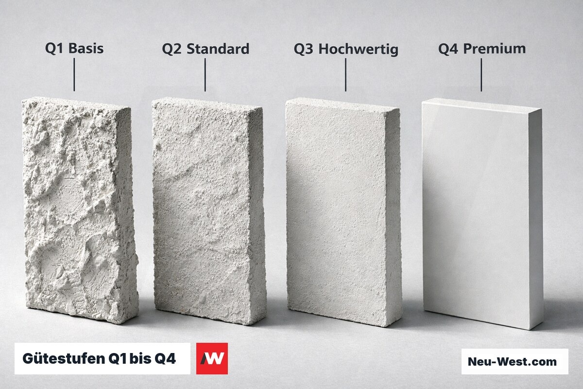 Gütestufen Q1 bis Q4: Restunebenheiten unter Streif- und Normallicht – Erklär-Grafik (NEUWEST Berlin)