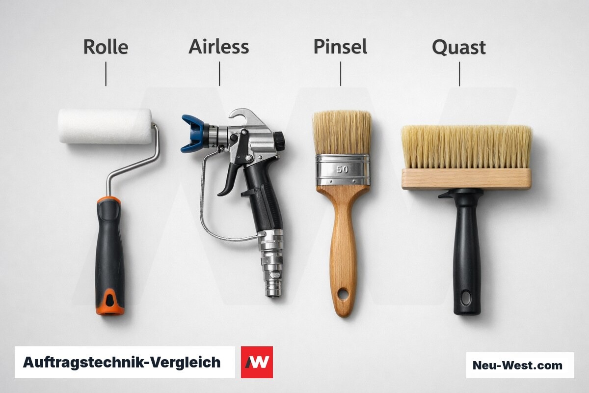 Auftragstechnik-Vergleich: Rolle, Airless, Pinsel, Quast – Erklär-Grafik (NEUWEST Berlin)