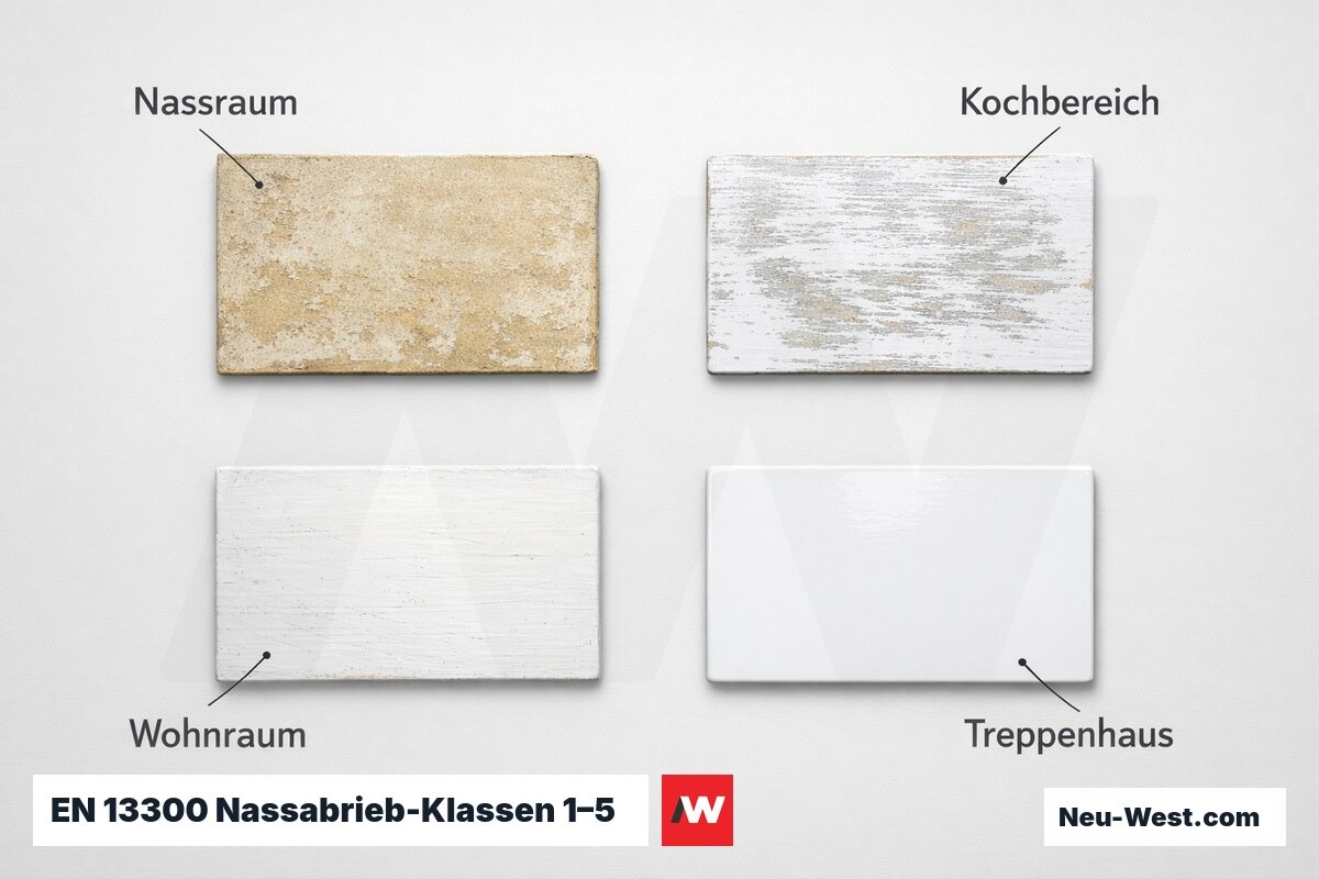 EN 13300 Nassabrieb-Klassen 1–5: Raumtypische Mindestanforderung – Erklär-Grafik (NEUWEST Berlin)