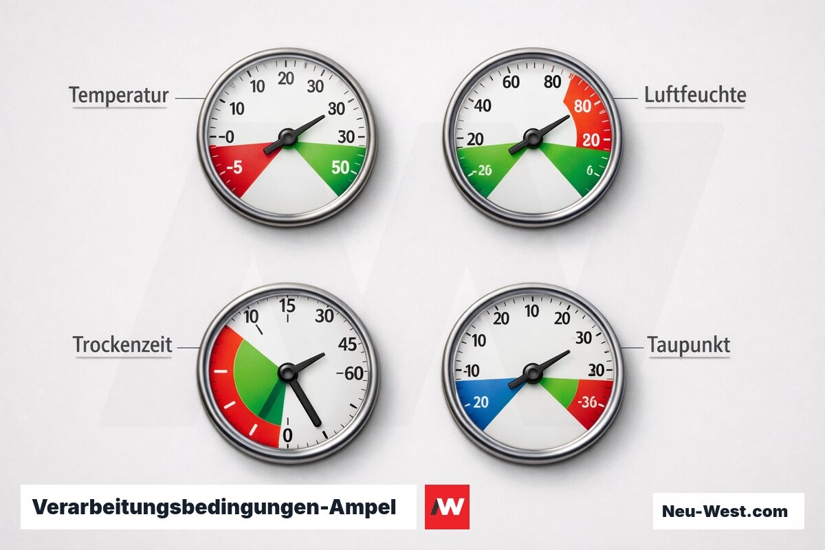 Verarbeitungsbedingungen-Ampel: Grenzwerte für Temperatur, Luftfeuchte und Trockenzeit – Erklär-Grafik (NEUWEST Berlin)