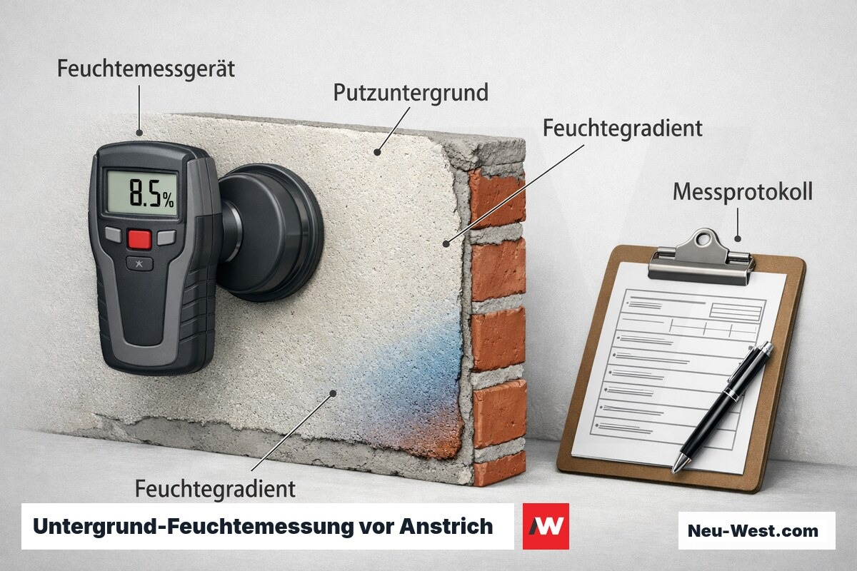 Erklaer-Illustration: Feuchtemessgeraet misst Restfeuchte im Putzuntergrund vor dem Anstrich, mit schriftlichem Messprotokoll nach VOB/C.