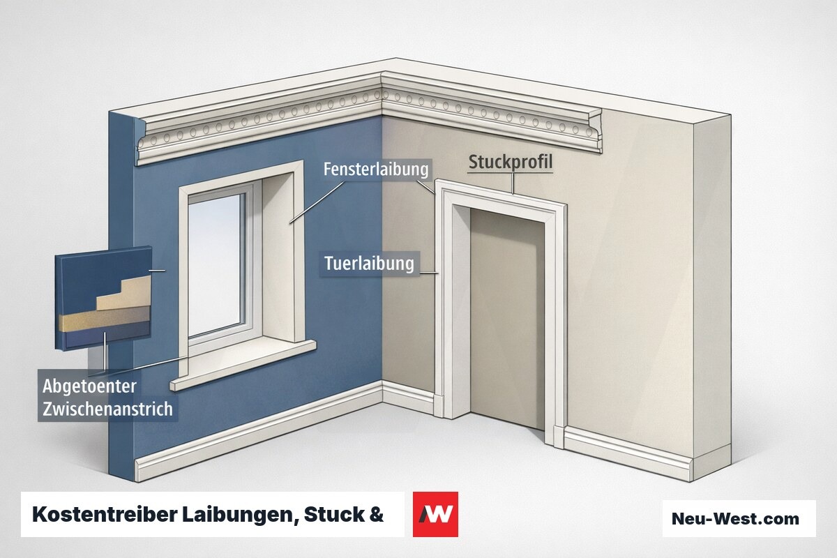 Cutaway einer Raumecke mit Fenster- und Türlaibung, Stuckprofil und abgetöntem Zwischenanstrich als Kostentreiber beim m²-Preis