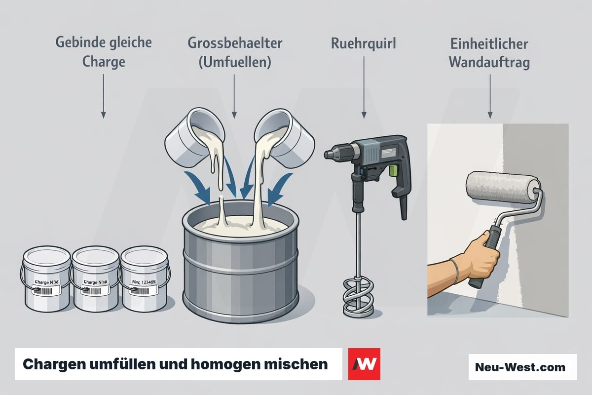 Prozessgrafik: Gebinde derselben Charge werden in einen Großbehälter umgefüllt, mit Rührquirl gemischt und gleichmäßig auf die Wand aufgetragen.