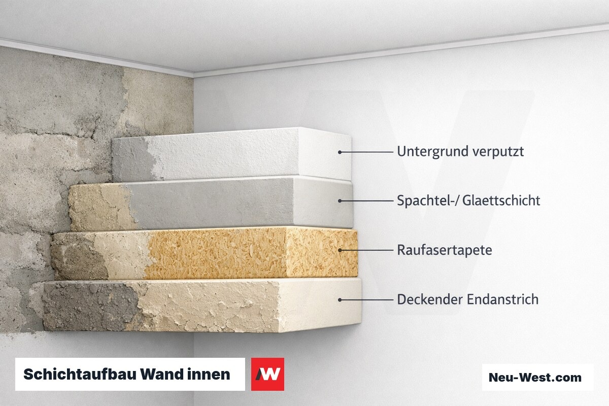 Querschnitt-Illustration des Schichtaufbaus einer Innenwand: verputzter Untergrund, Spachtelschicht, Raufasertapete und deckender Endanstrich.