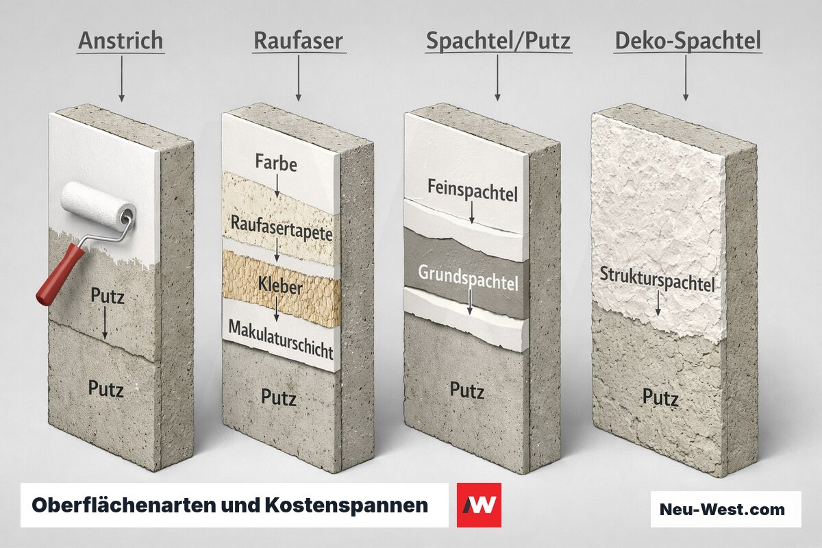 Querschnitt-Vergleich vierer Wandoberflächen: einfacher Anstrich, Raufaser, Spachtel- und Putzarbeiten sowie dekorative Spachteltechnik mit unterschiedlichem Schichtaufbau.