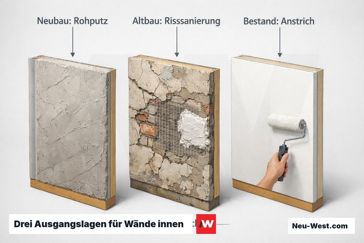 Vergleichsillustration dreier Innenwand-Situationen: roher Neubauputz, rissige Altbau-Sanierung und frischer Anstrich im Bestand.