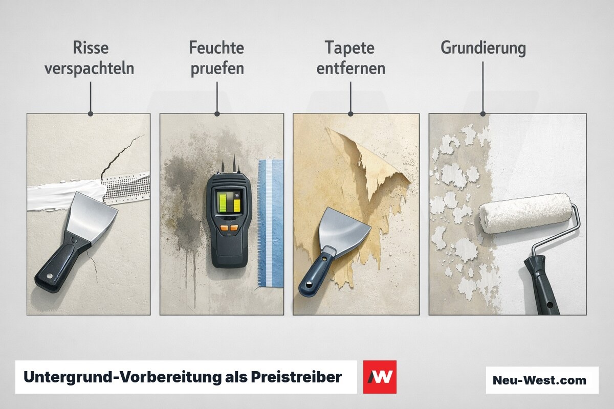 Vierstufige Prozessgrafik der Untergrundvorbereitung: Risse verspachteln, Feuchte prüfen, alte Tapete entfernen und tragfähige Grundierung vor dem Anstrich.