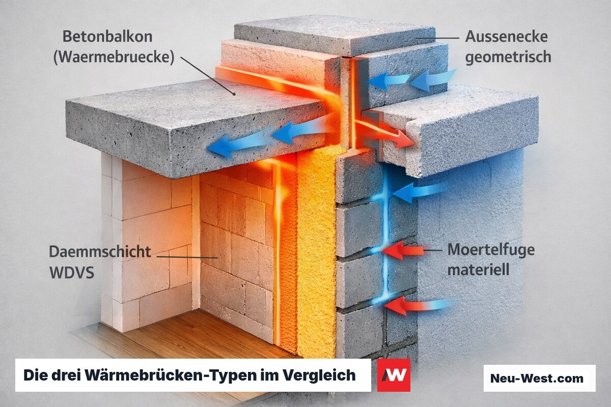 Bauwerksschnitt zeigt geometrische, konstruktive und materialbedingte Wärmebrücken an Ecke, Balkon und Mörtelfuge gleichzeitig.