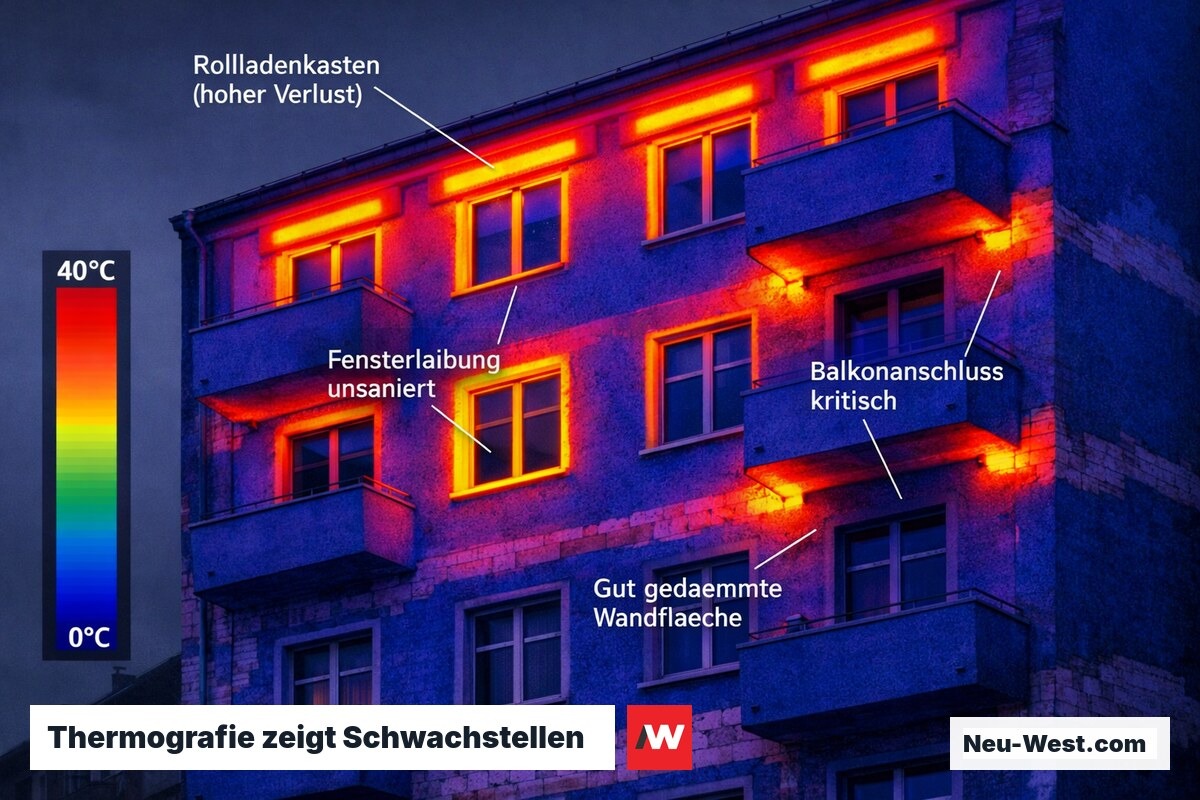 Wärmebildkamera-Aufnahme eines Berliner Altbaus zeigt orangerote Wärmeverluste an Fenstern, Rollladenkästen und Balkonplatten.