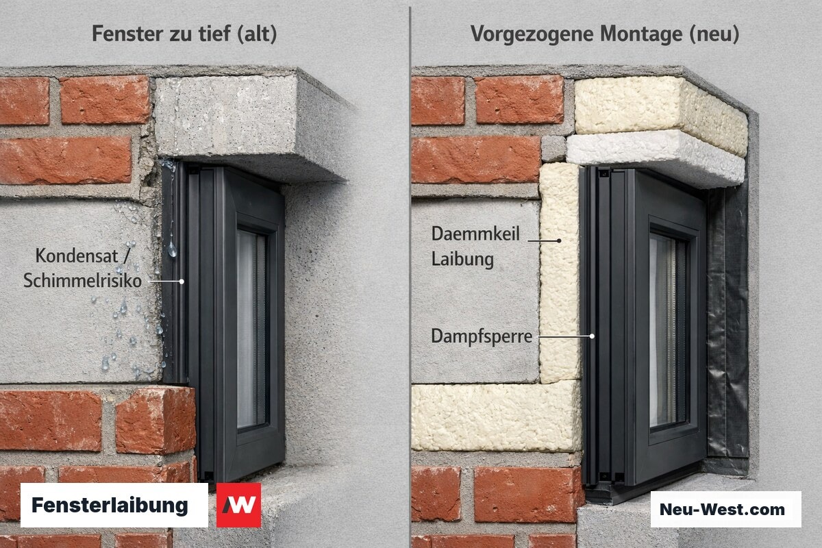 Querschnitt Fensterlaibung zeigt unsanierte Einbauposition mit Kondensat links und optimierte Dämmvariante mit Isokorb rechts.