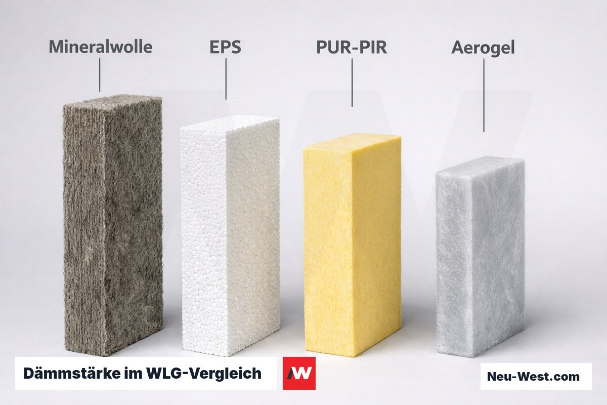 Dämmstärke im WLG-Vergleich: gleicher U-Wert 0,20 W/m²K – sehr unterschiedlicher Platzbedarf – Erklär-Grafik (NEUWEST Berlin)
