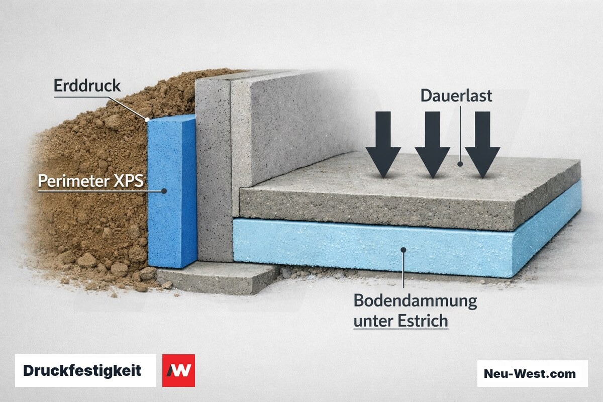 Druckfestigkeit von Dämmplatten: Perimeter-XPS unter Erddruck und Bodendämmung unter Dauerlast – Erklär-Illustration (NEUWEST Berlin)