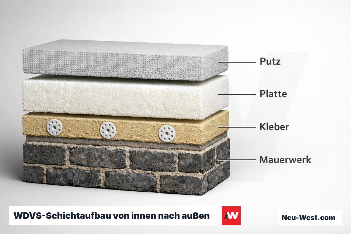 WDVS-Schichtaufbau von innen nach außen – Regelschichtdicken und Normvorgaben – Erklär-Grafik (NEUWEST Berlin)