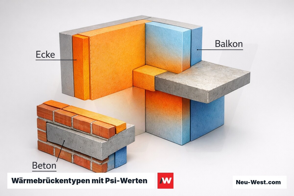 Wärmebrückentypen mit Psi-Werten: geometrisch, konstruktiv, stofflich – Erklär-Grafik (NEUWEST Berlin)
