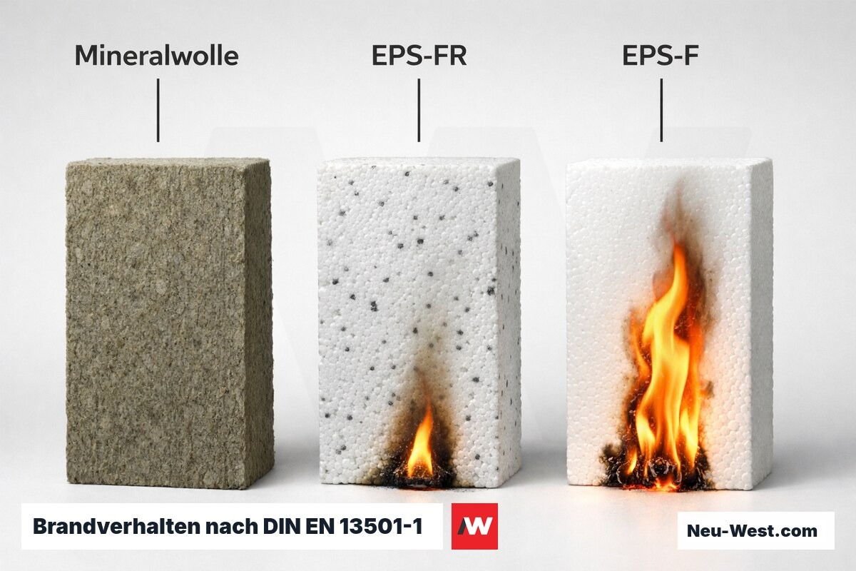 Brandverhalten nach DIN EN 13501-1: A1 (nichtbrennbar) / A2-s1,d0 / B1 (schwerentflammbar) – Erklär-Grafik (NEUWEST Berlin)