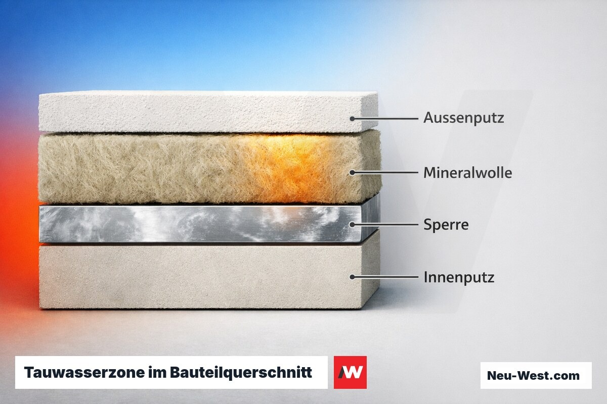 Tauwasserzone im Bauteilquerschnitt nach Glaser-Verfahren (DIN EN ISO 13788) – sd-Wert-Verhältnis 5:1 – Erklär-Grafik (NEUWEST Berlin)