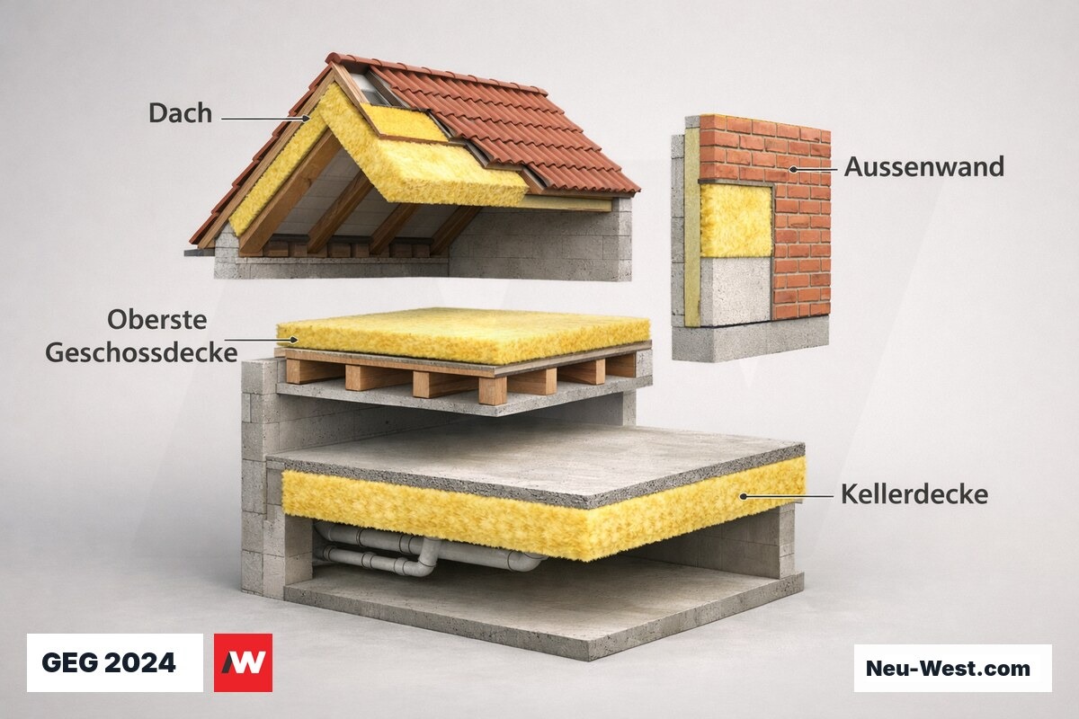 GEG 2024 Bauteil-Anforderungen: U-Wert-Grenzen für Dach, Außenwand, oberste Geschossdecke und Kellerdecke – Erklär-Illustration (NEUWEST Berlin)