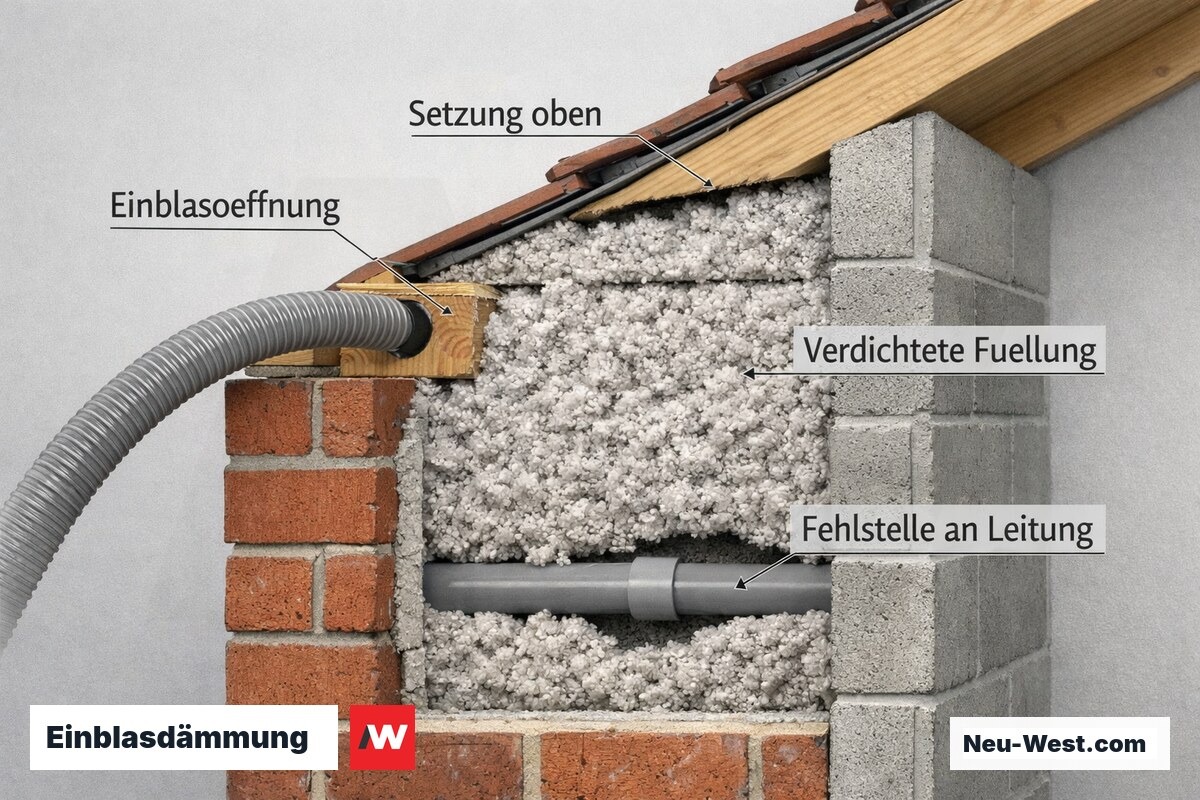 Einblasdämmung: verdichtete Füllung, Setzung und typische Fehlstellen an Leitungen im Hohlraum – Erklär-Illustration (NEUWEST Berlin)