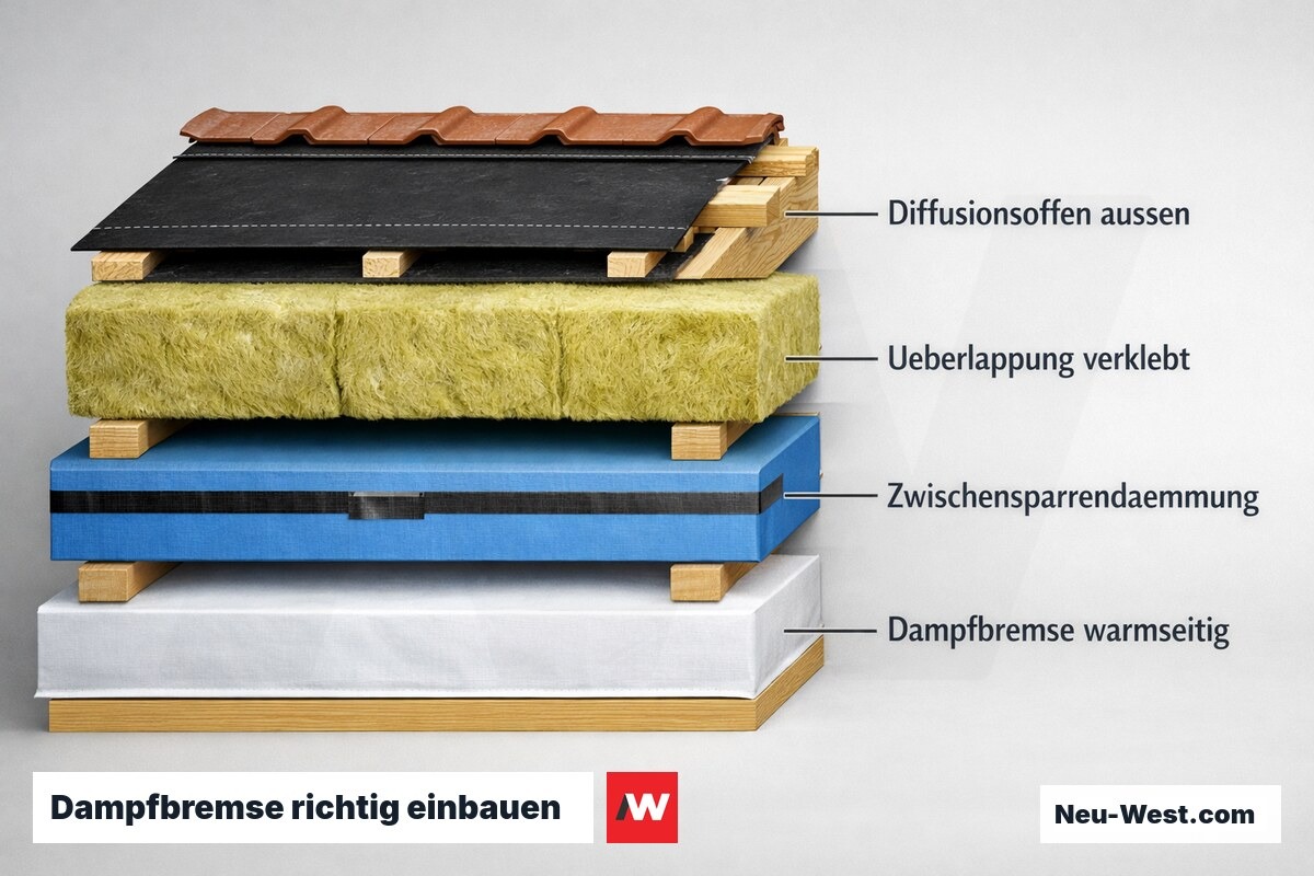 Dampfbremse richtig einbauen: warmseitige Lage, verklebte Überlappung und Schichtaufbau – Erklär-Illustration (NEUWEST Berlin)