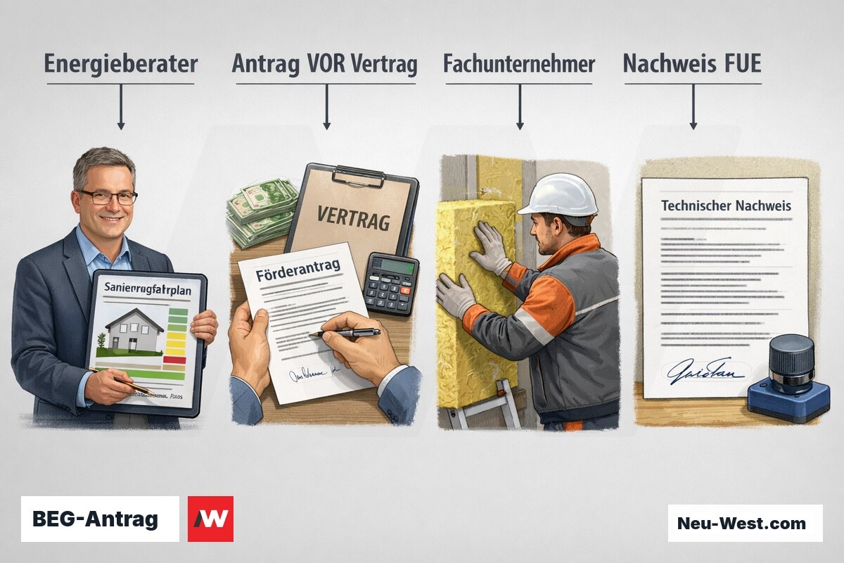 BEG-Antrag richtiger Ablauf: Energieberater, Antrag vor Vertrag, Fachunternehmer, Nachweis – Erklär-Illustration (NEUWEST Berlin)