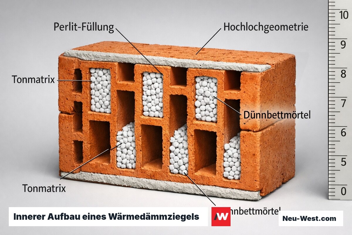 Querschnitt eines Wärmedämmziegels mit sichtbarer Hochlochgeometrie und Perlitfüllung in der Tonmatrix