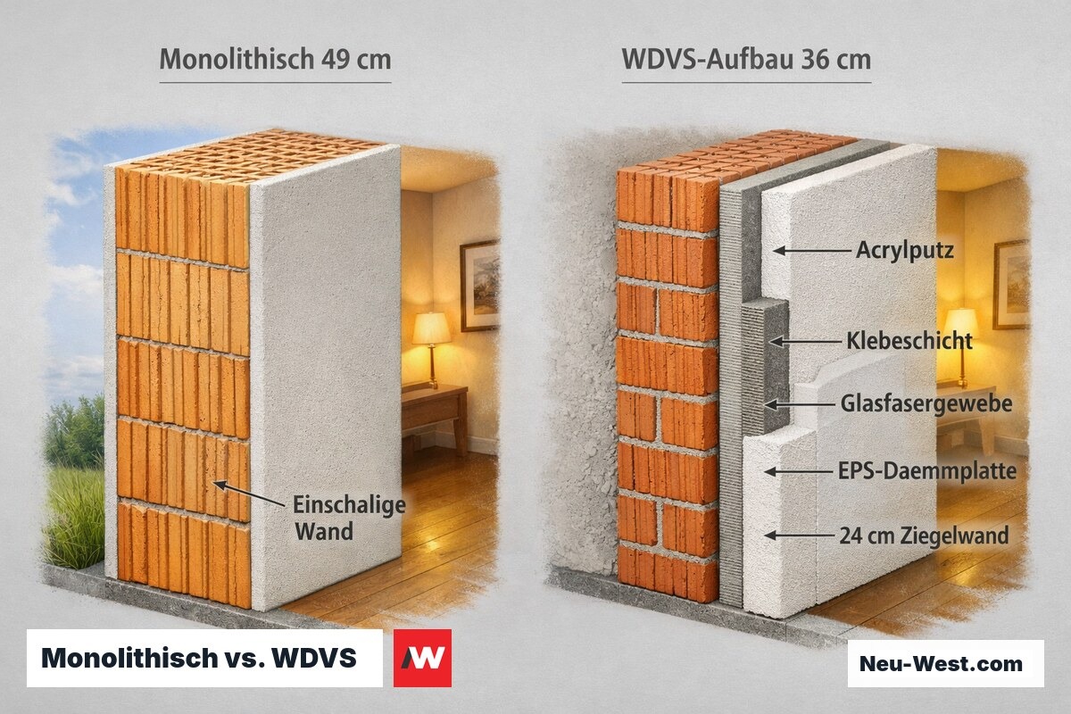 Vergleichsschnitt: einschaliges monolithisches Mauerwerk links vs. mehrschichtiges WDVS-System rechts, maßstabsgetreu